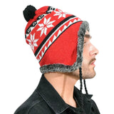 Unisex Peruvian Winter Hats - Snowflake Pattern, Fleece Lined - Red and Black Knit Hat