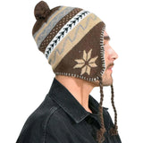 Unisex Peruvian Winter Hats - Snowflake Pattern, Fleece Lined: Man wearing brown & white knit hat.