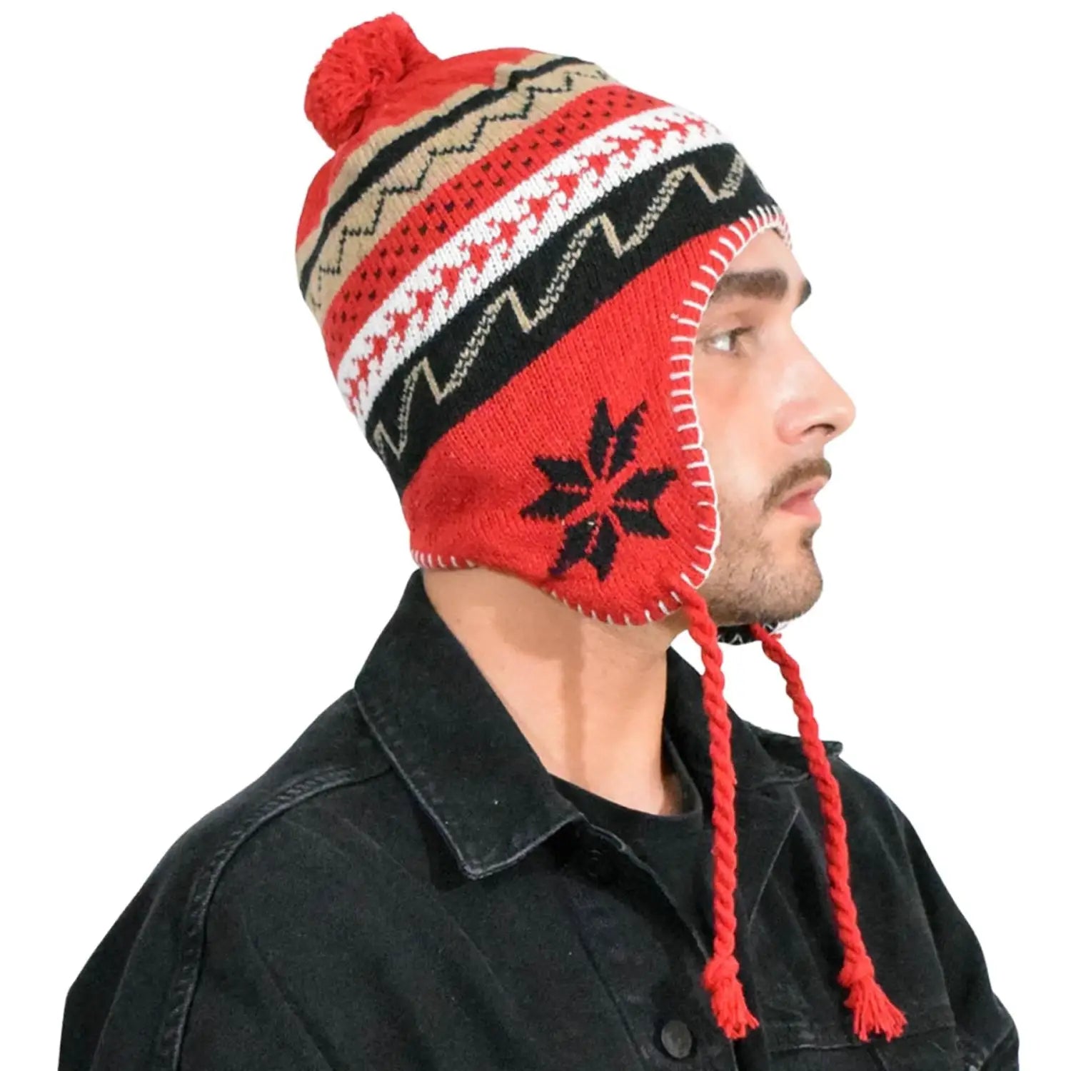 Unisex Peruvian Winter Hats - Snowflake Pattern, Fleece Lined: man in red and black knit hat