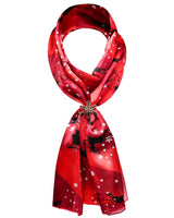 Red scarf with black and white dog print, featured in Unisex Reindeer Sleigh Satin Scarf & Holder Set