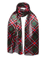Red and green Scottish check wrap scarf with satin stripe