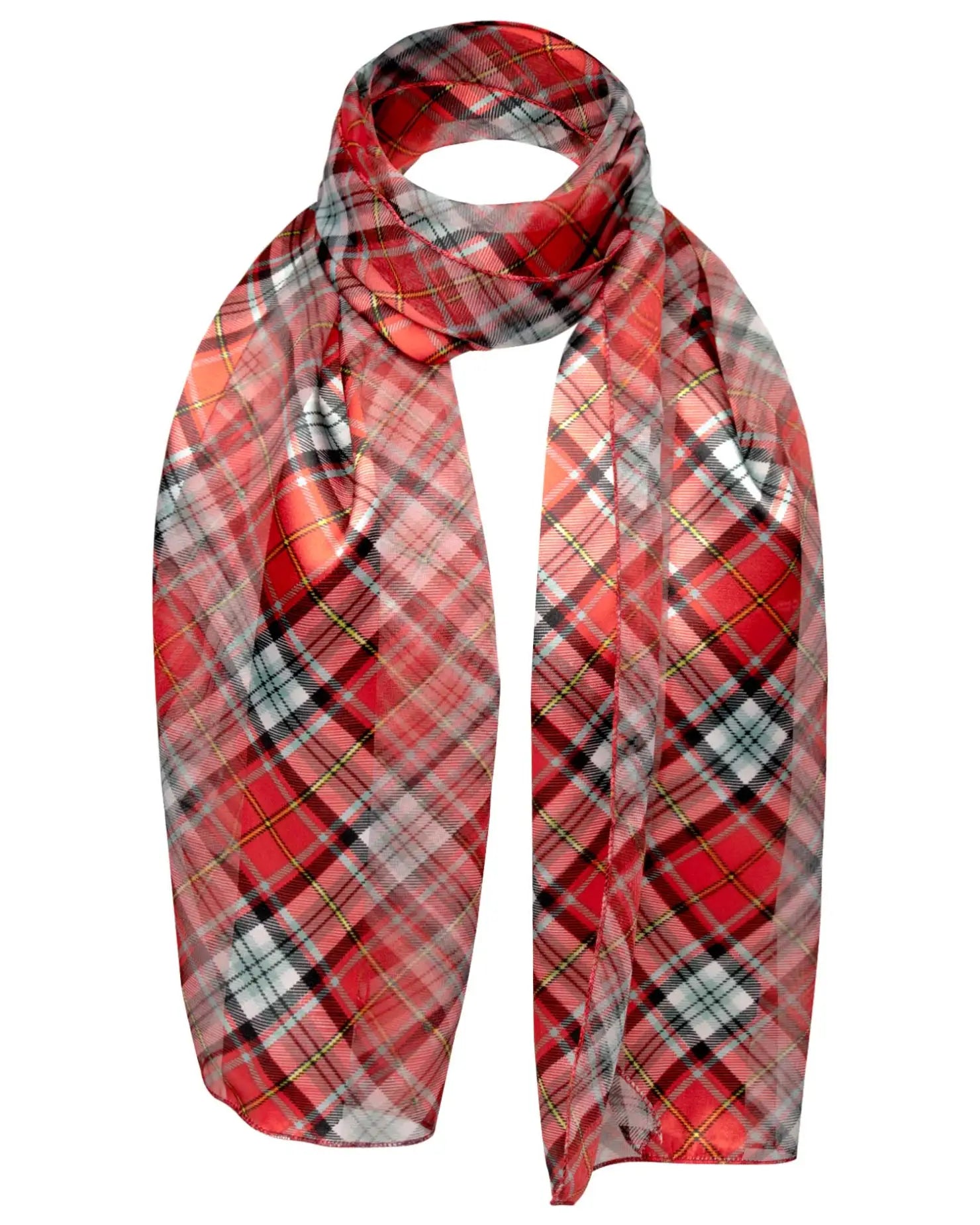 Unisex Scottish Check Wrap Scarf with Satin Stripe - Soft, Silky, Versatile in Red Plaid