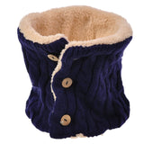 Blue cable knit neck warmer with a button featured in Unisex Chunky Buttoned Snood Scarf
