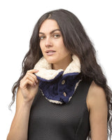 Woman in black dress wearing Unisex Sherpa-Lined Chunky Buttoned Snood Scarf.