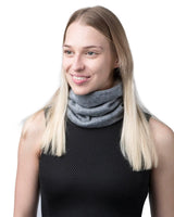 Unisex Sherpa-Lined Knitted Snood: Woman wearing gray knit cowl