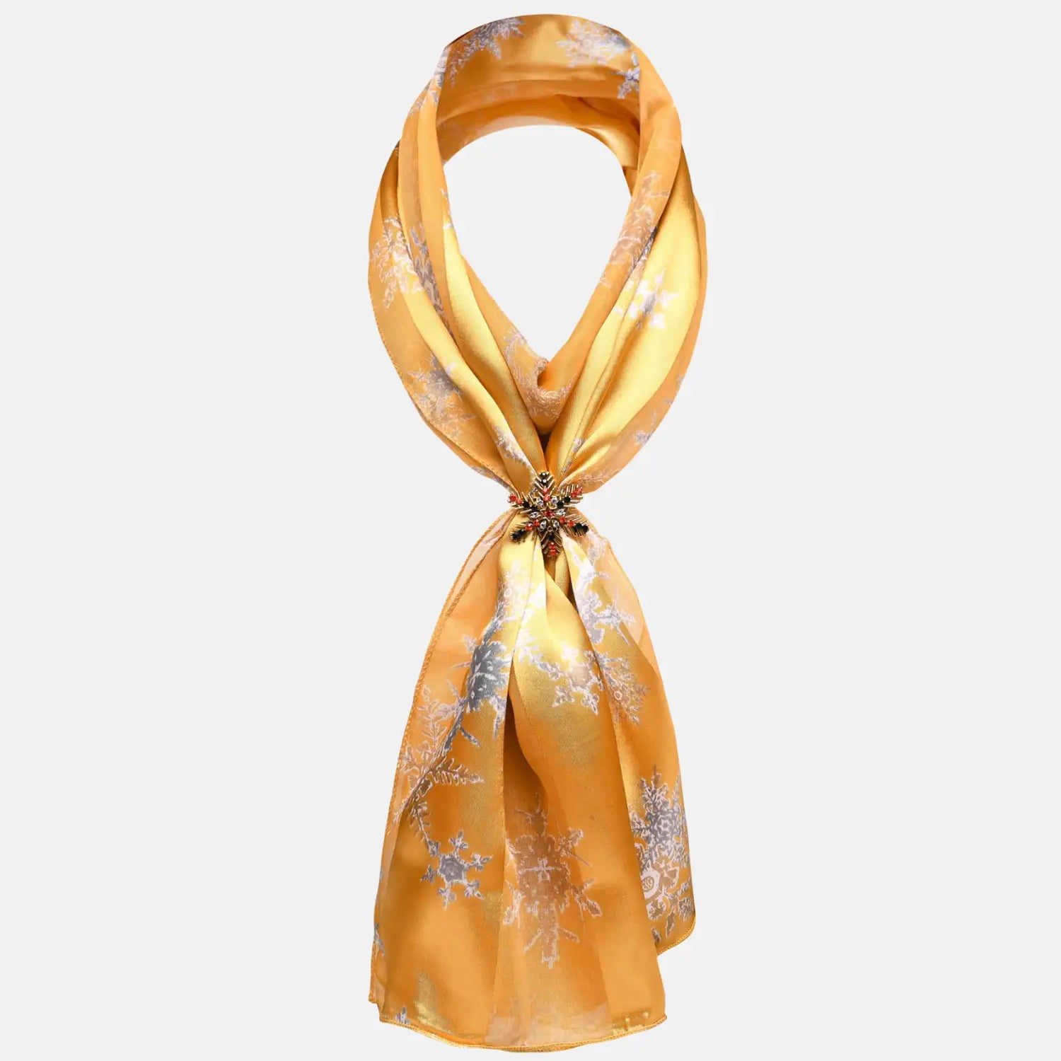 Yellow silk scarf with floral design displayed in Unisex Snowflake Satin Scarf & Holder Set.