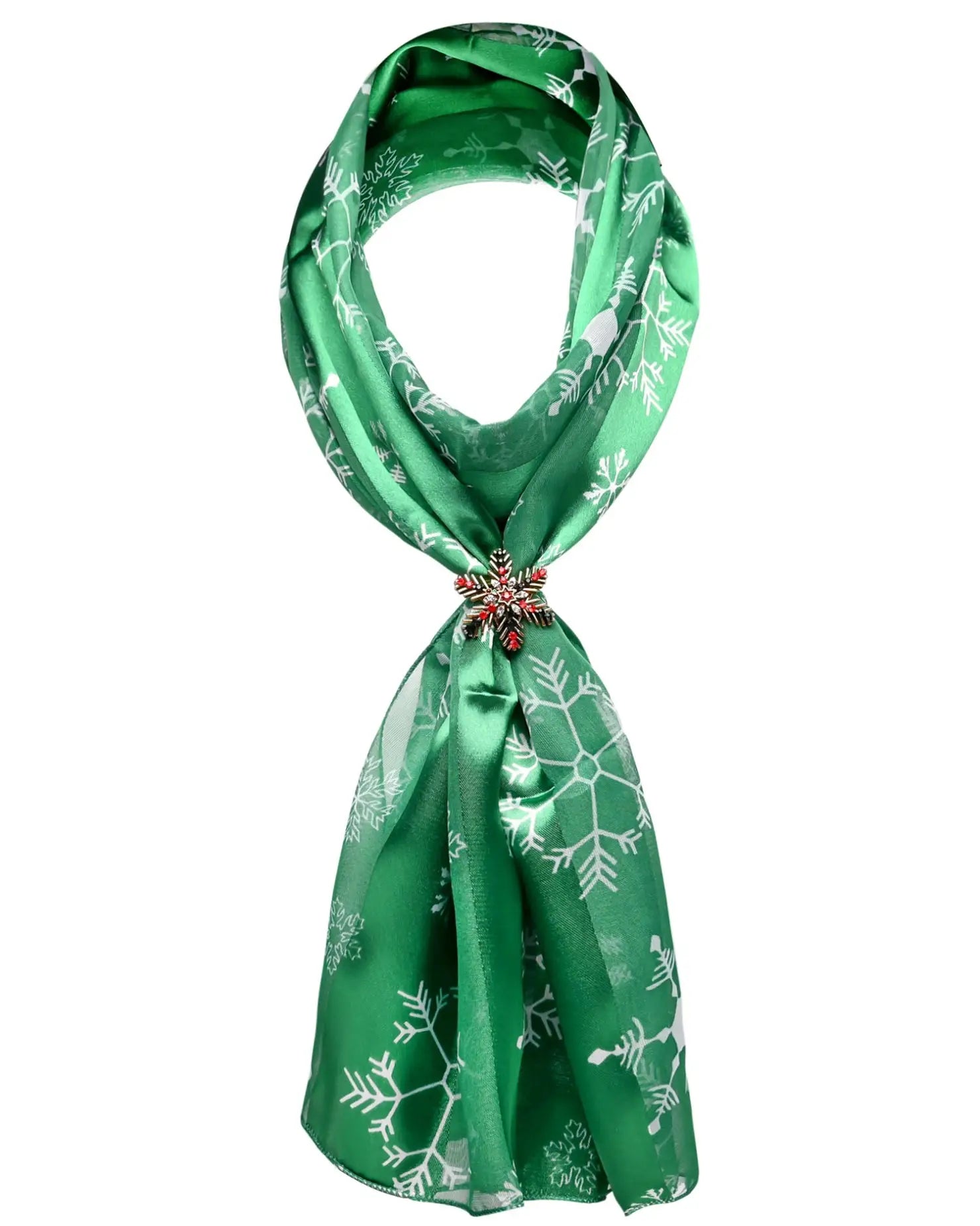 Green snowflake star satin scarf in holder set.