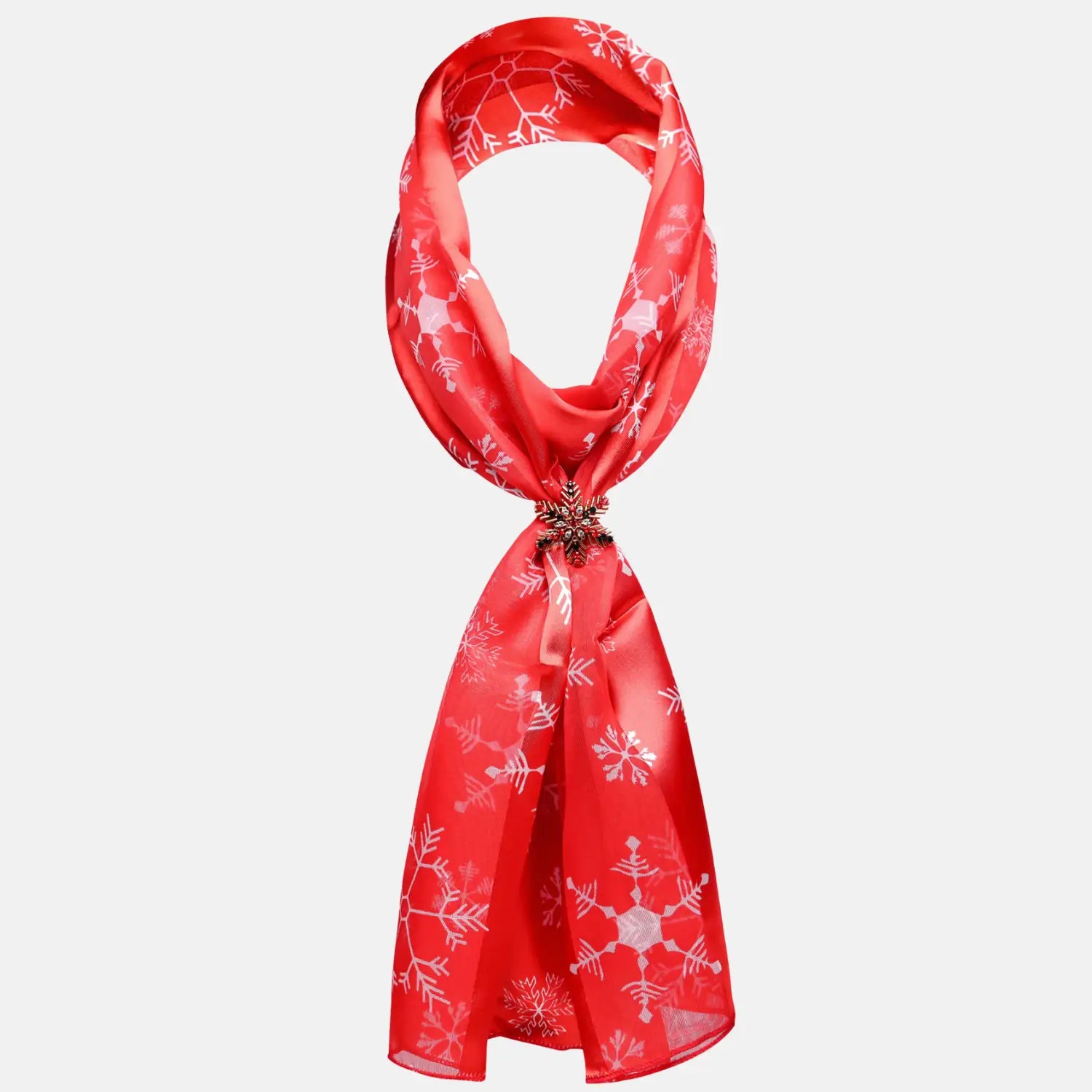 Red snowflake star satin scarf displayed in Unisex Snowflake Star Scarf & Holder Set