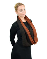 Woman wearing brown and black winter snood scarf