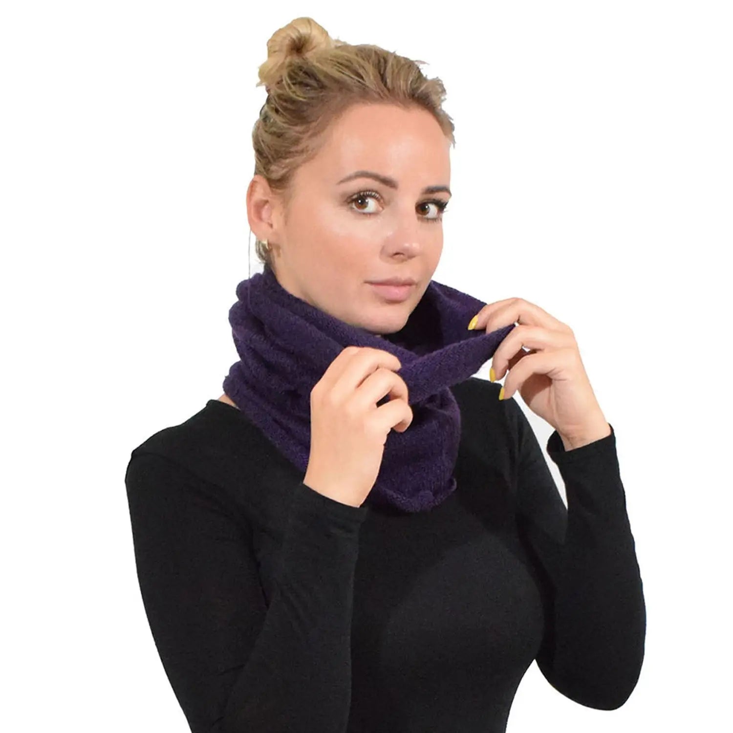 Unisex Winter Plain Snood: Woman wearing purple scarf