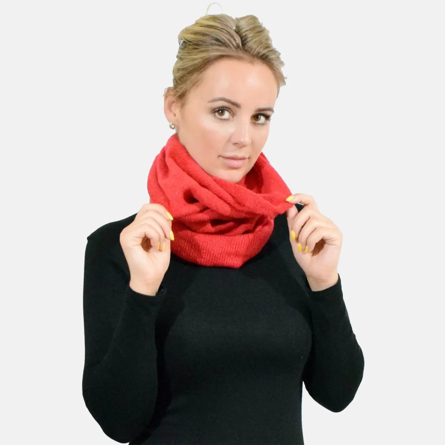 Unisex Winter Plain Knitted Long Tube Scarf: Woman in Red Scarf