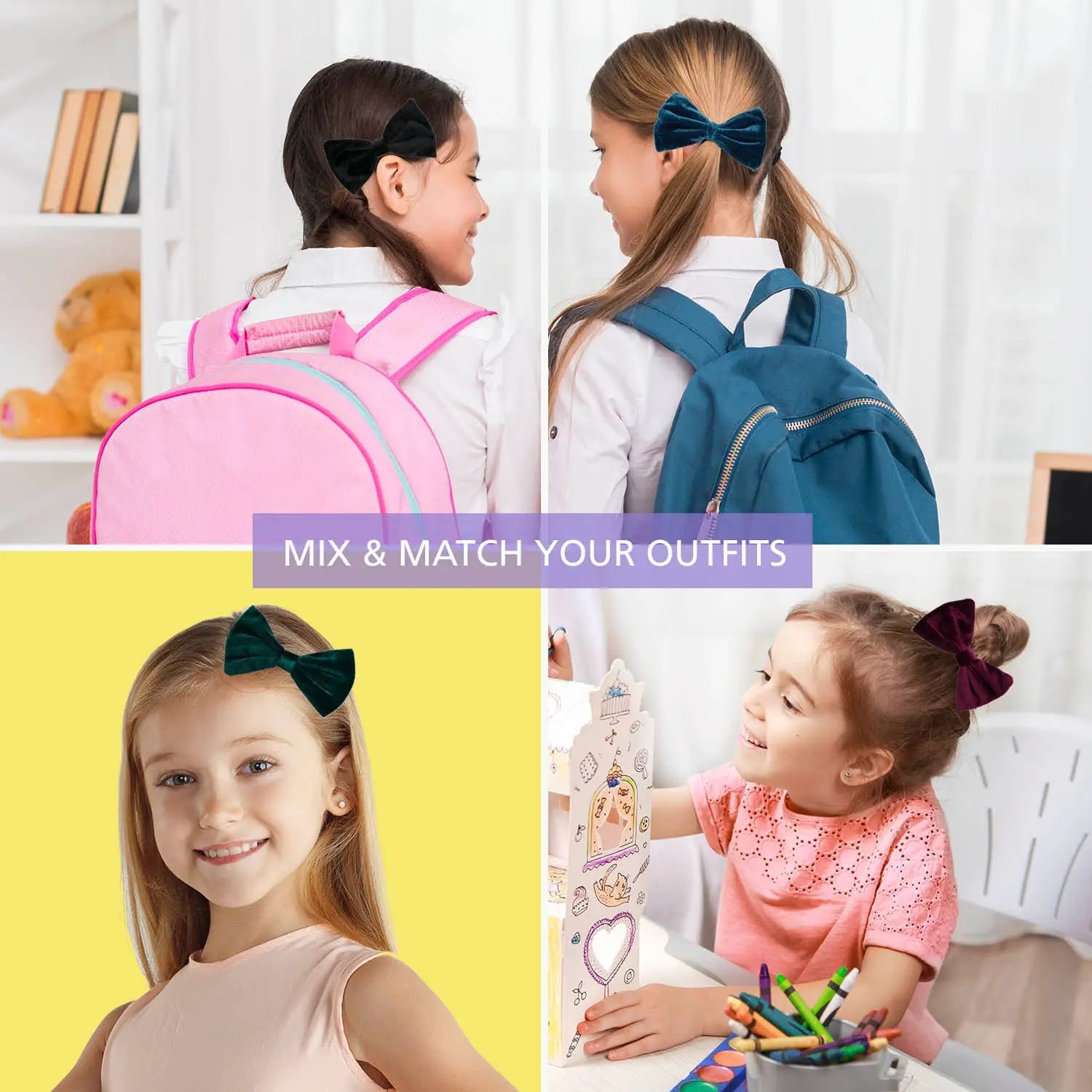Velvet bow barrette school hair clip for girls with backpacks
