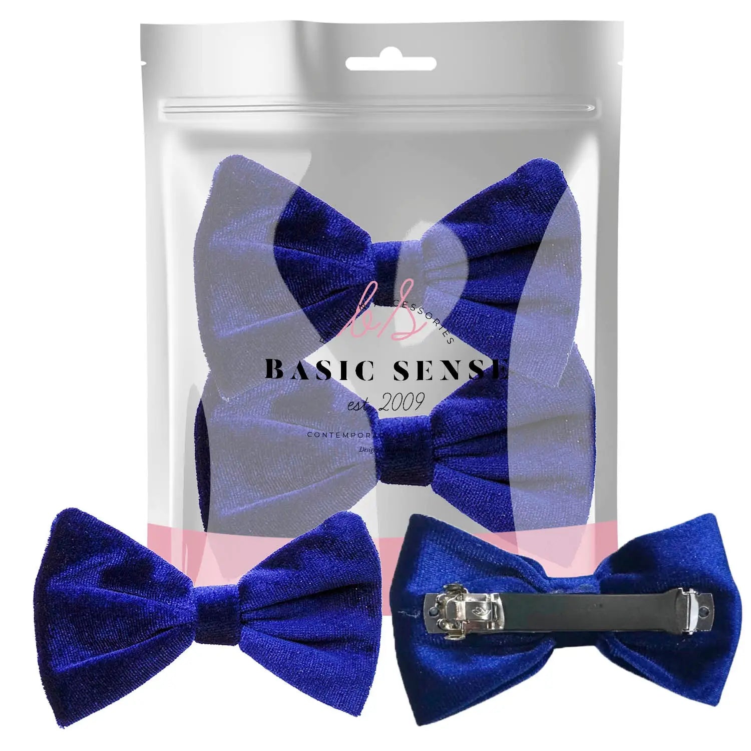 Blue velvet bow barrette hair clip on white background