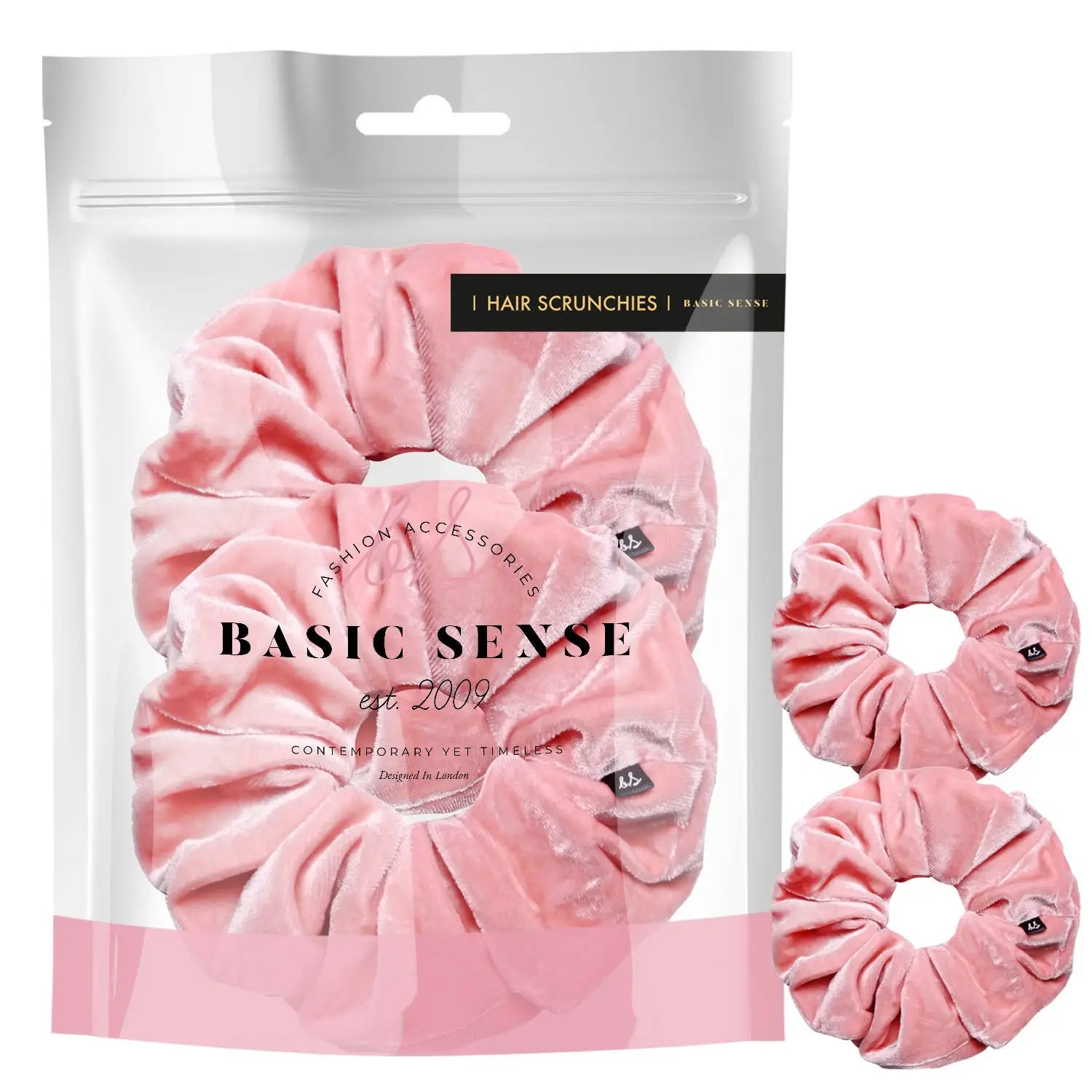 Pink velvet large scrunchies hair tie product with three scrunchies.