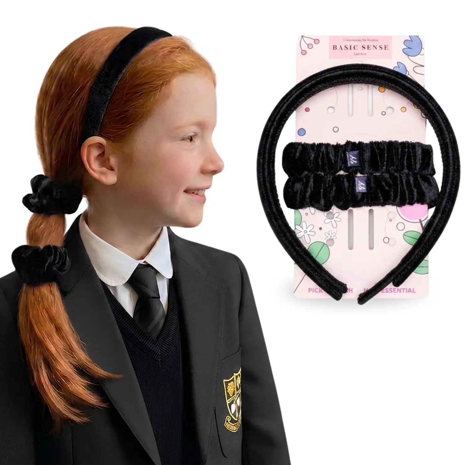 Velvet School Hair Accessory Set - Headbands & Scrunchies in Uniform - Black - Hair Accessory Set