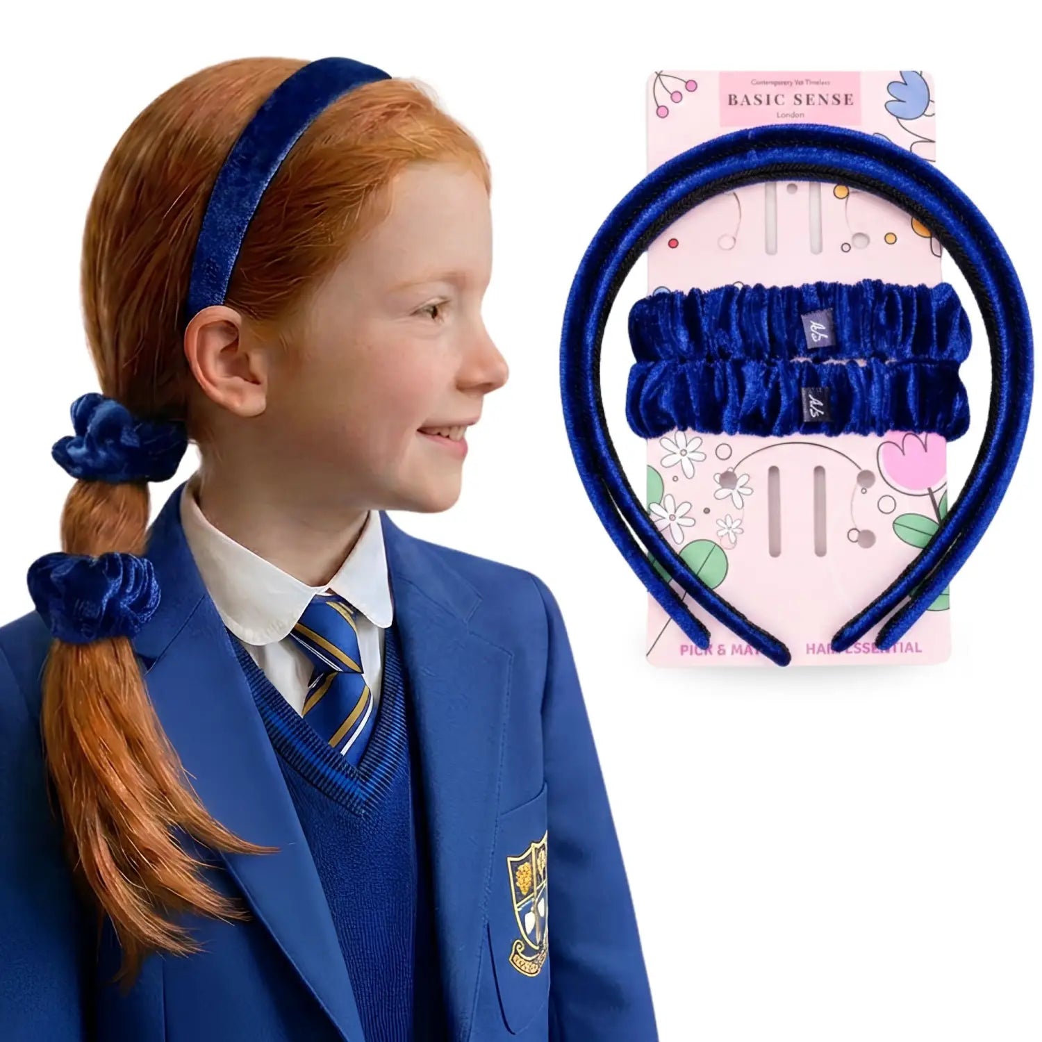 Velvet School Hair Accessory Set - Headbands & Scrunchies in Uniform - Royal Blue - Hair Accessory Set