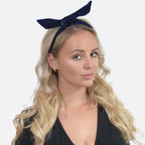 Navy blue velvet wired bunny ears headband