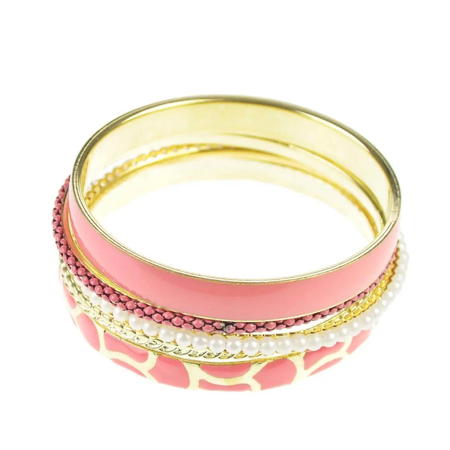 Pink and gold metal stackable bangle with pearls - Vibrant Indian Wedding Bridal Bracelet