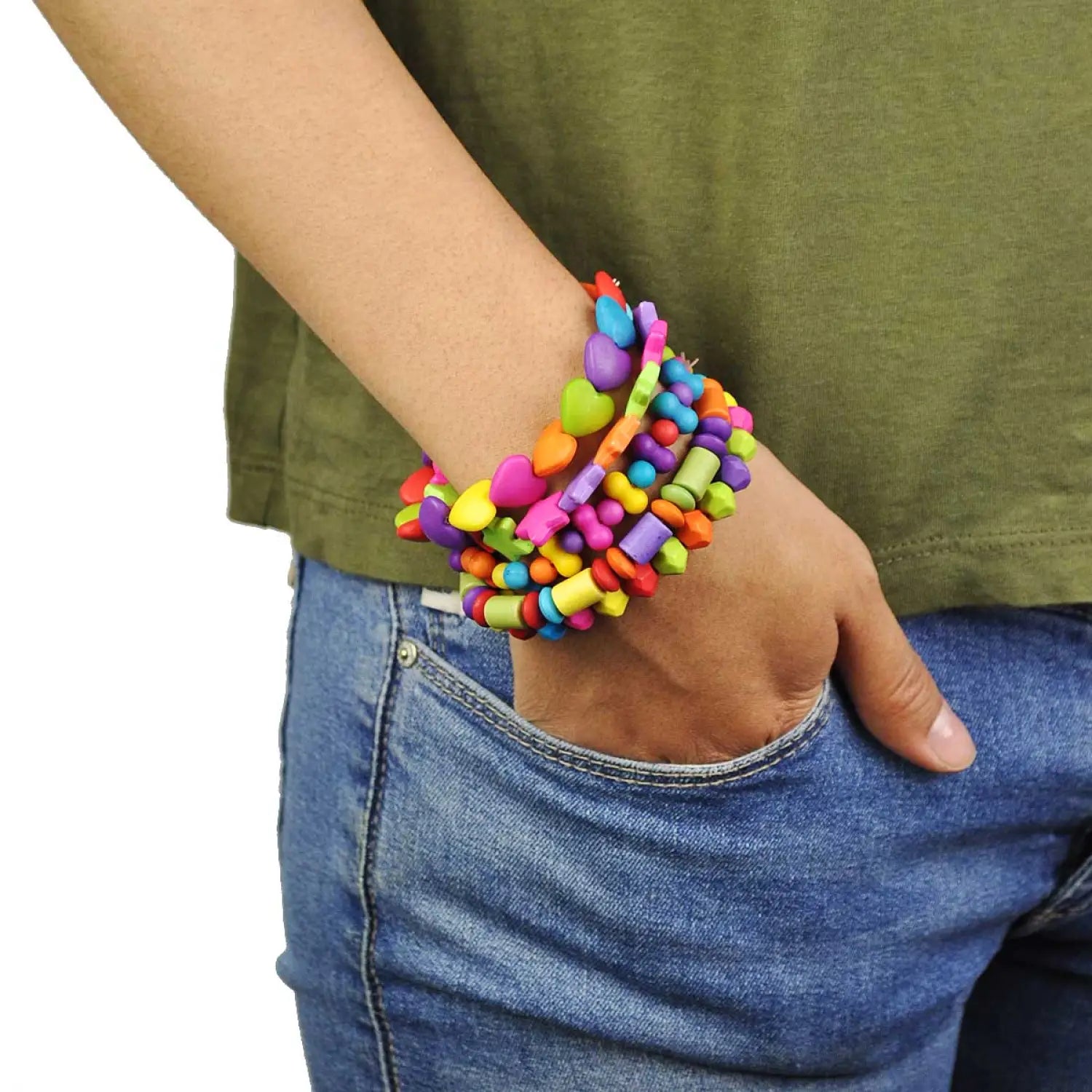 Vibrant multi coloured bracelet with wood-effect beads worn by a person.