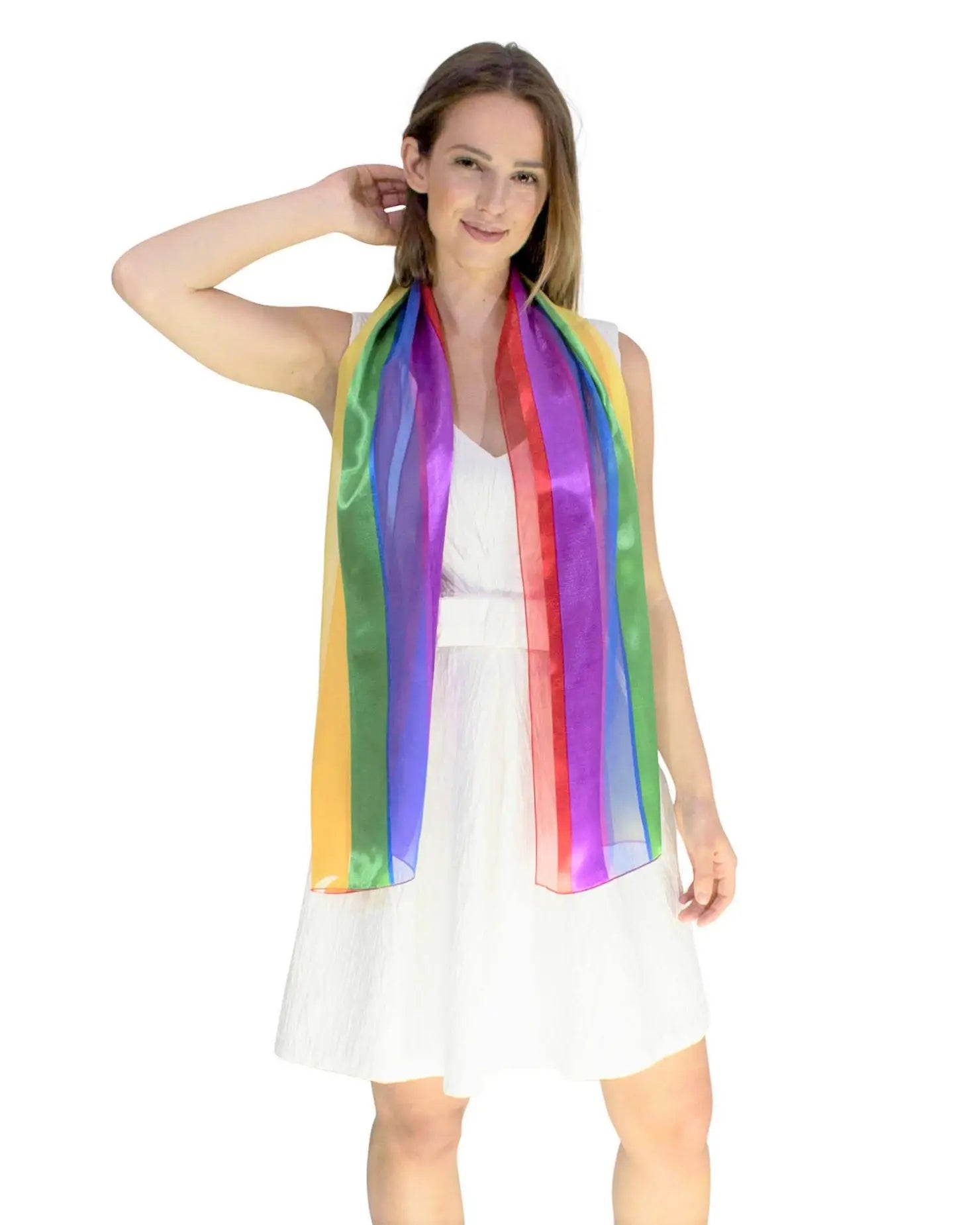 Woman wearing Vibrant Pride Rainbow Flag Satin Scarf