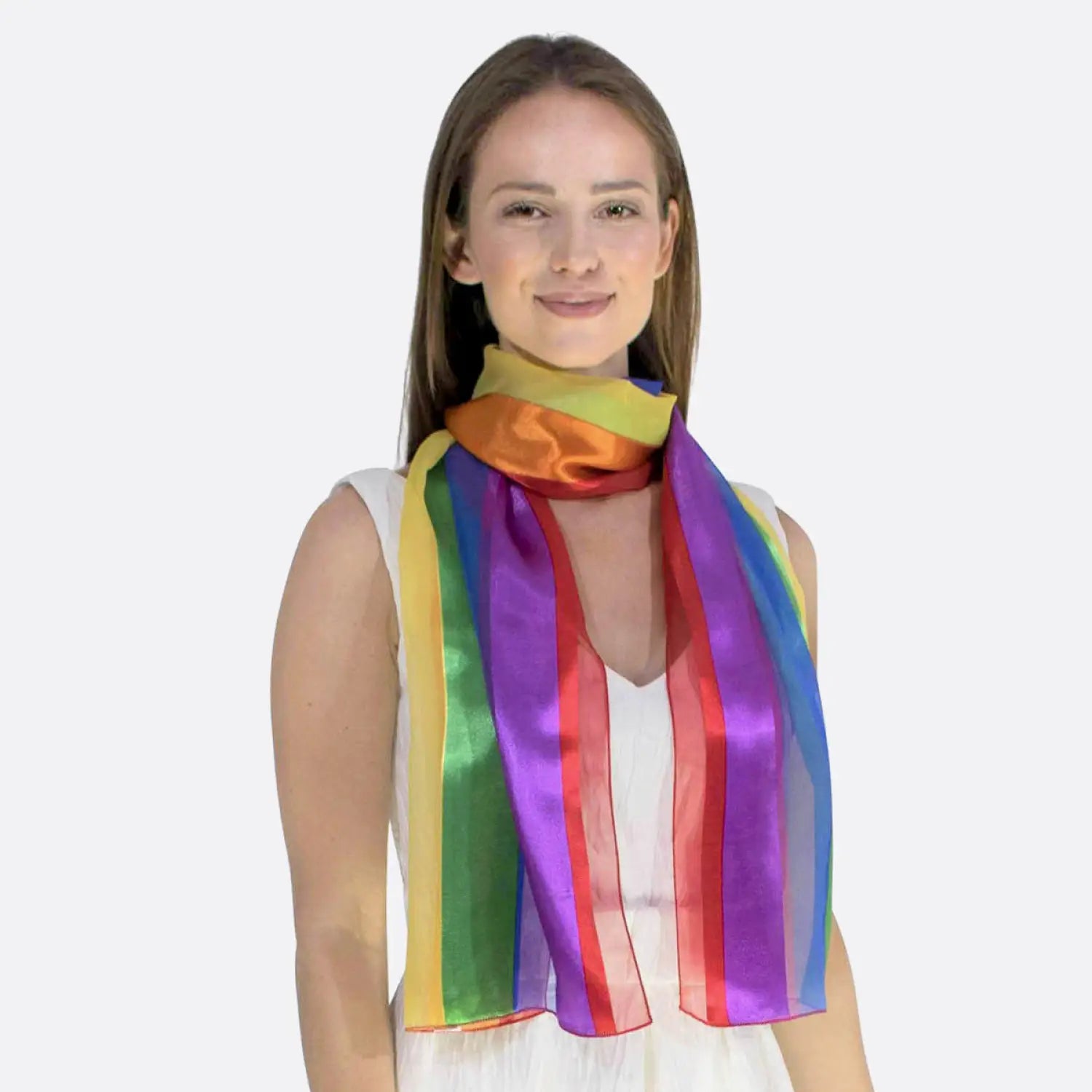 Woman in Vibrant Pride Rainbow Flag Satin Scarf