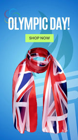 A vibrant red, white, and blue union jack patterned scarf made of lightweight fabric.