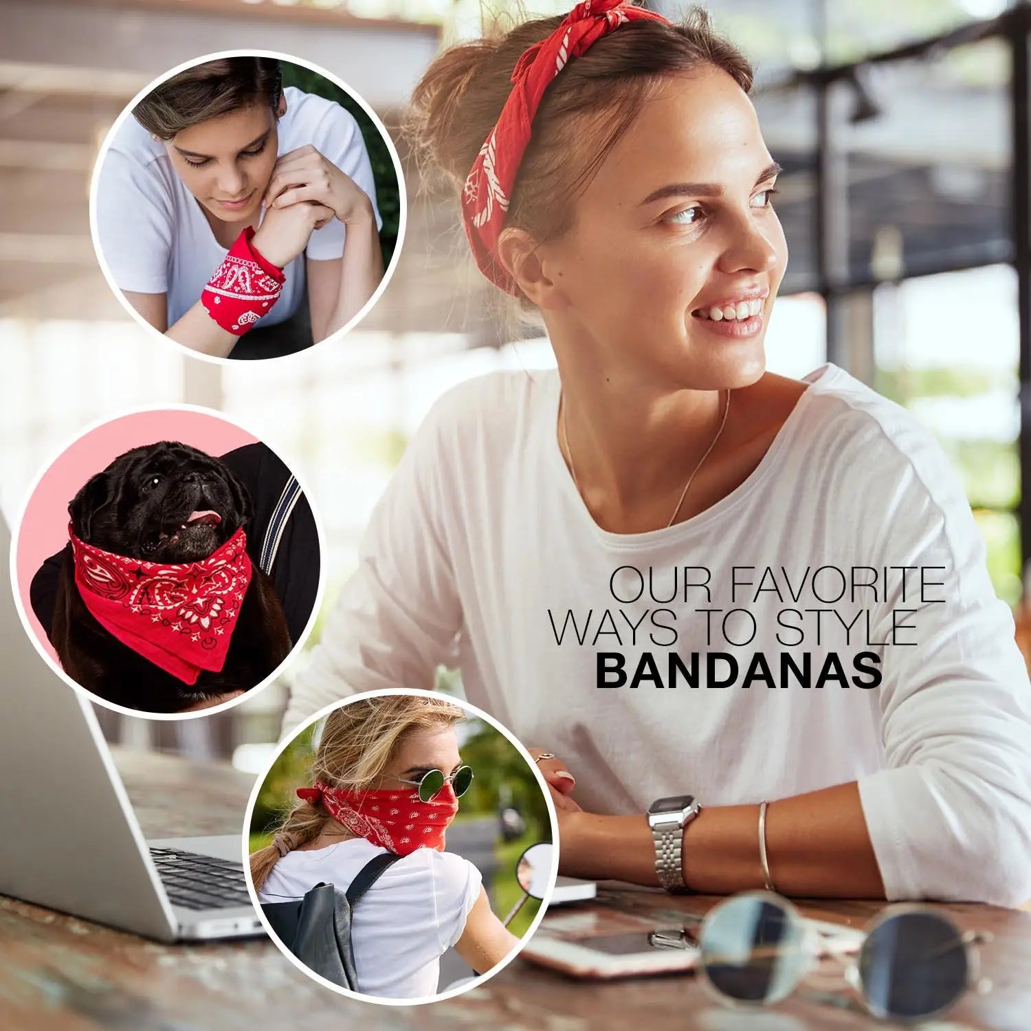 Vintage paisley bandana set with woman wearing a bandana with dog