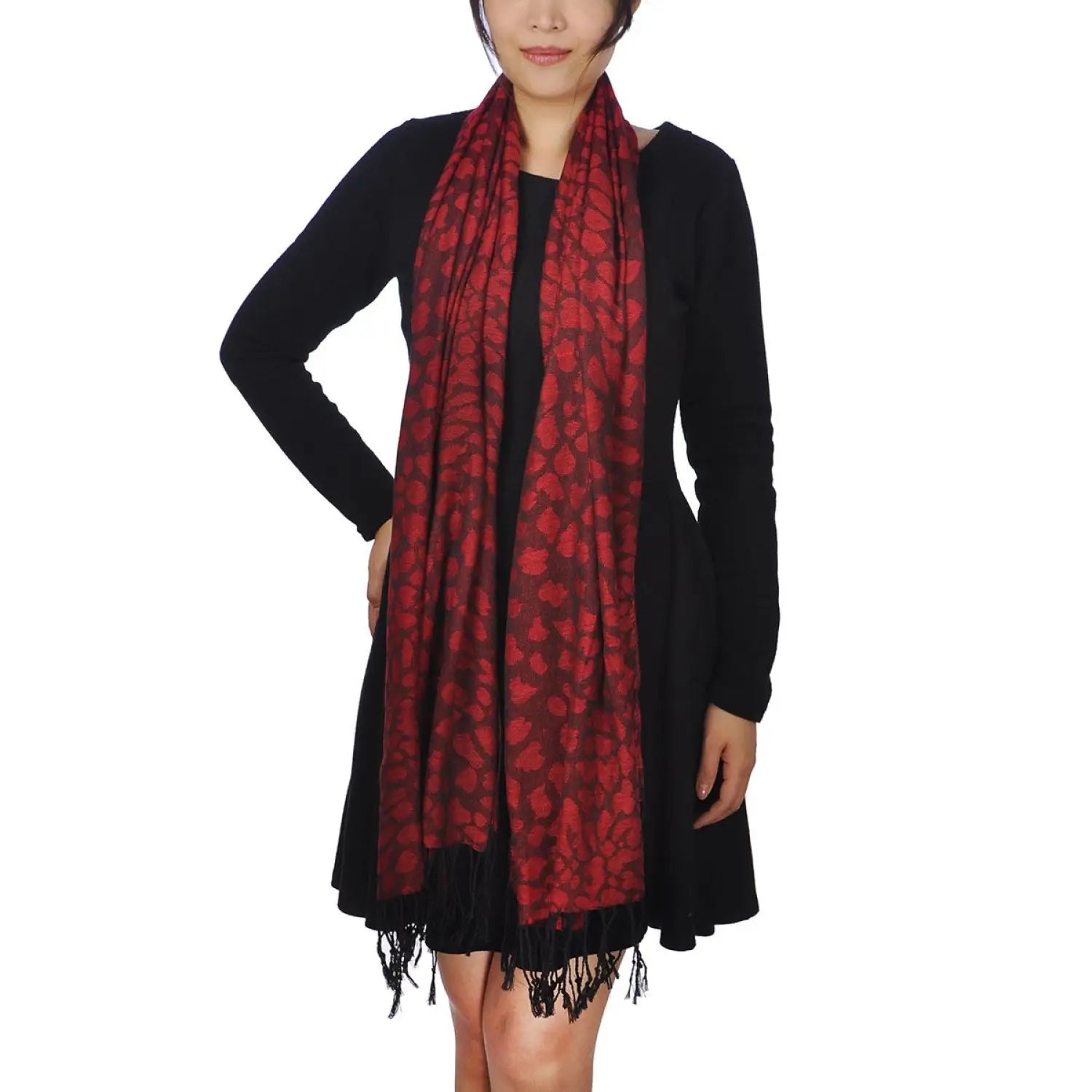 Woman wearing red and black leopard print pashmina scarf
