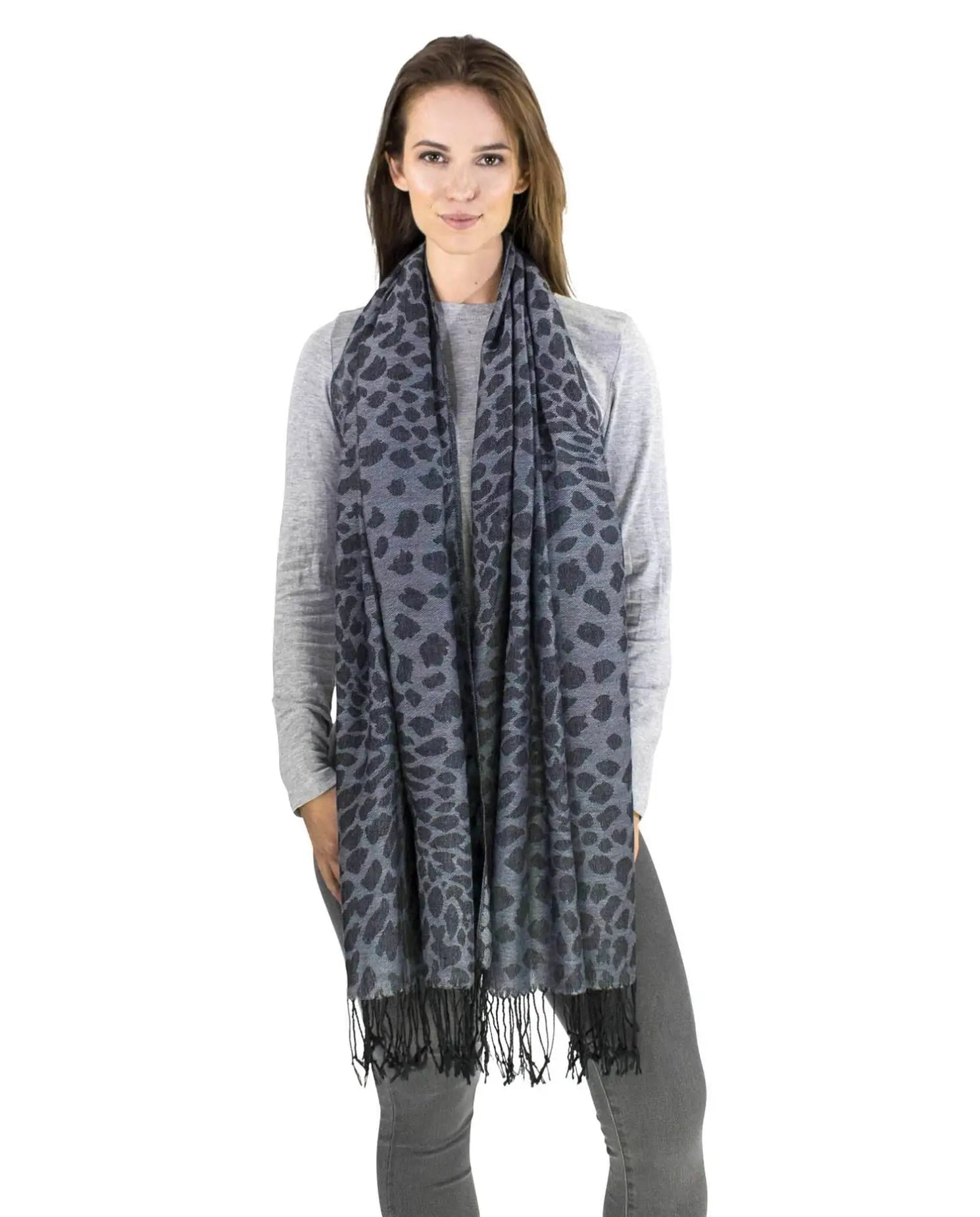 Grey leopard print pashmina scarf with tassels