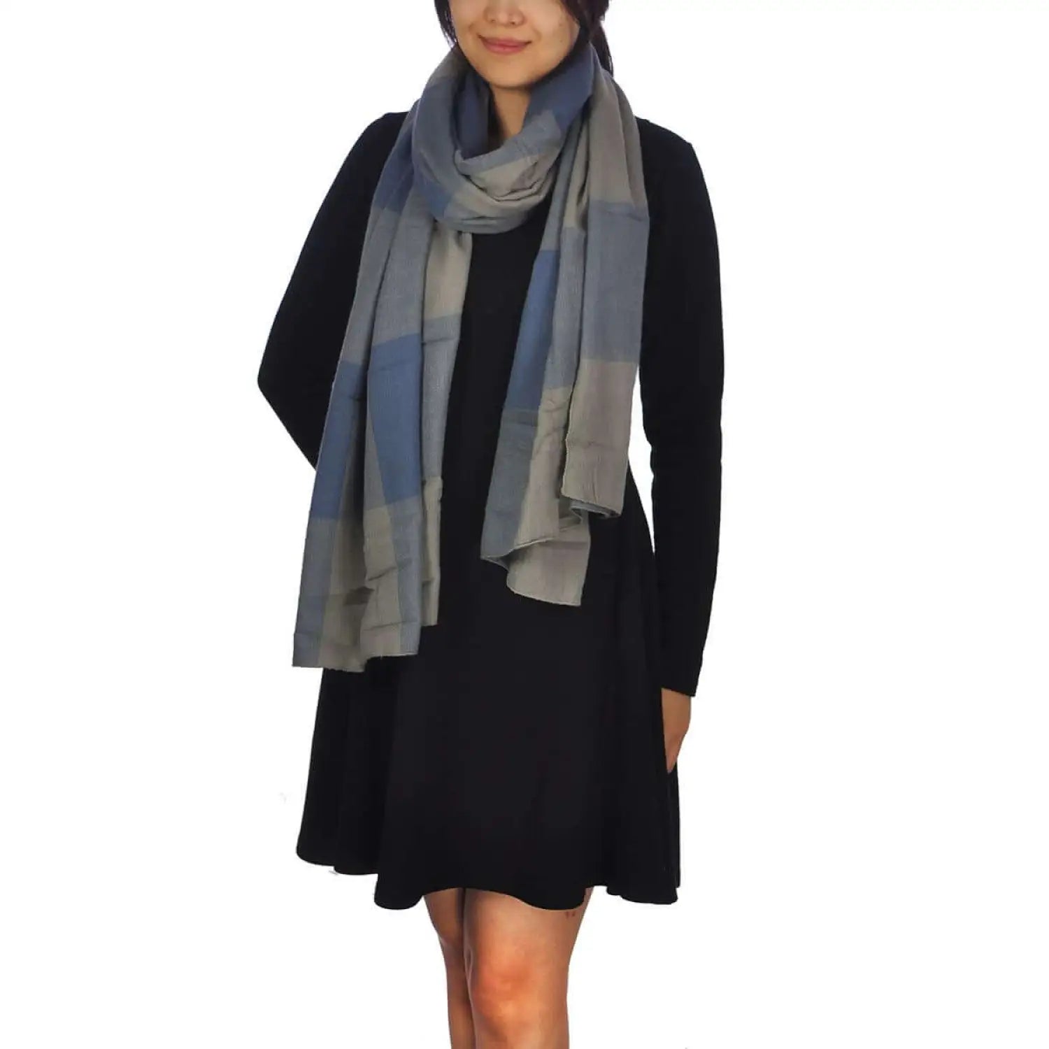 Woman in black dress and scarf modeling Warm Oversized Checked Blanket Scarf