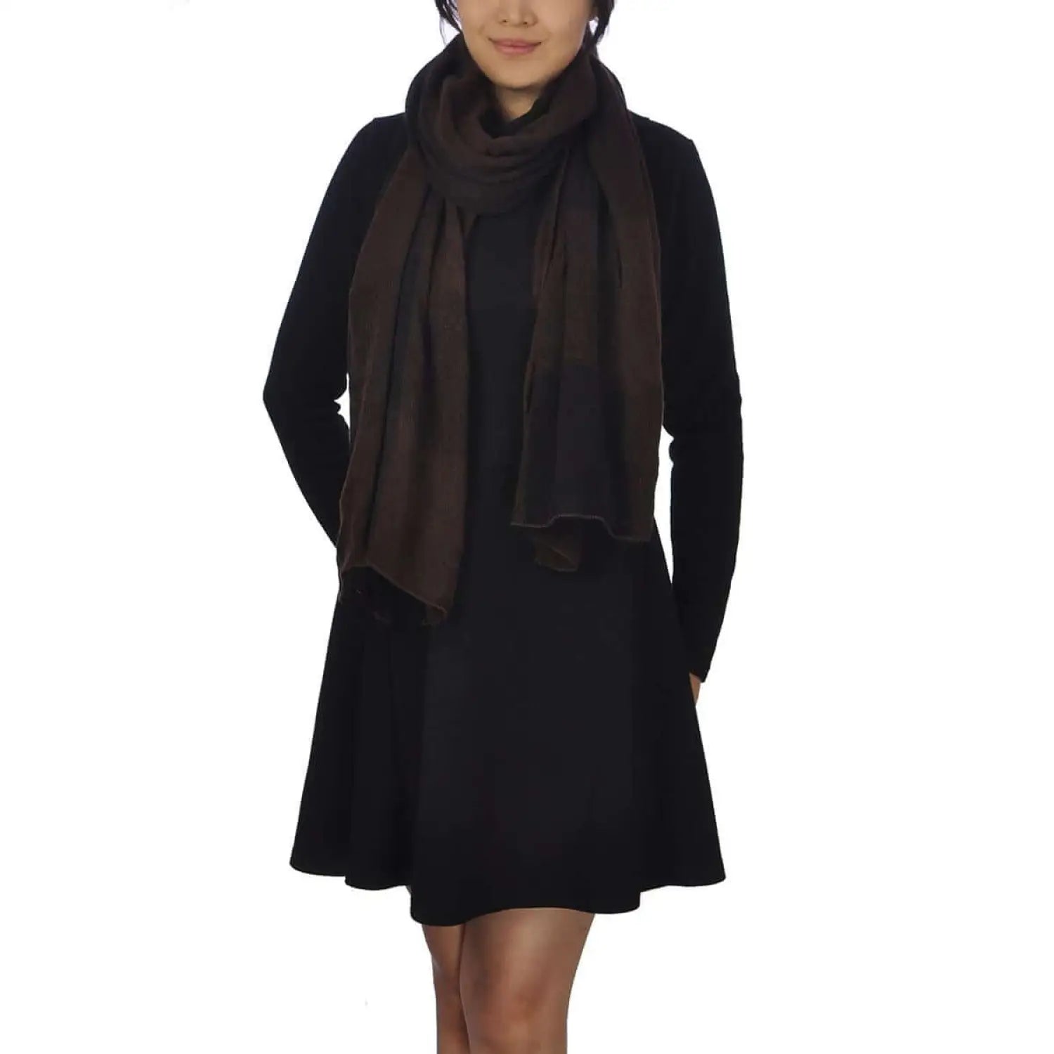 Woman in black dress and brown scarf, Warm Oversized Checked Blanket Scarf model