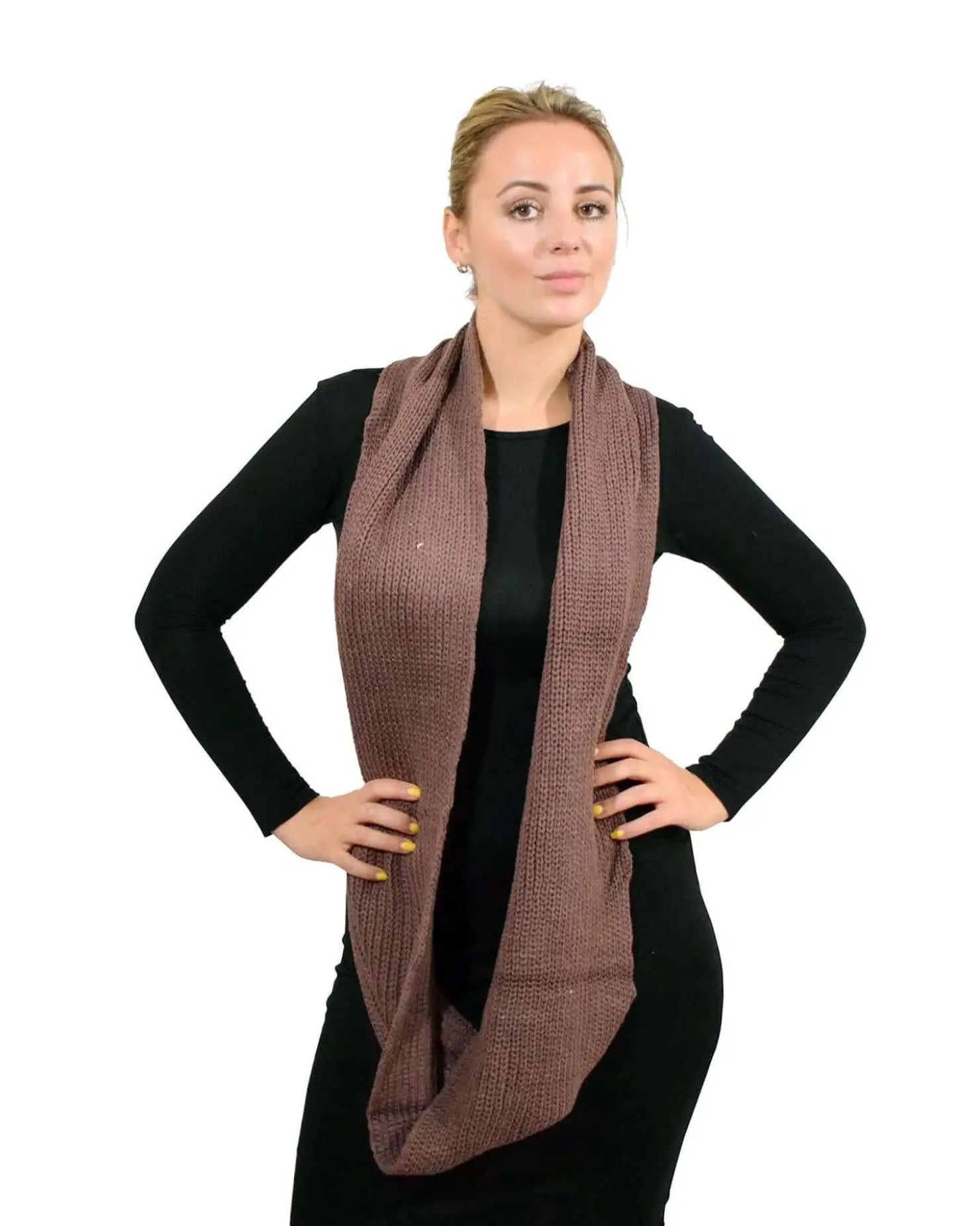 Woman wearing brown scarf - Warm Plain Knitted Snood for Winter