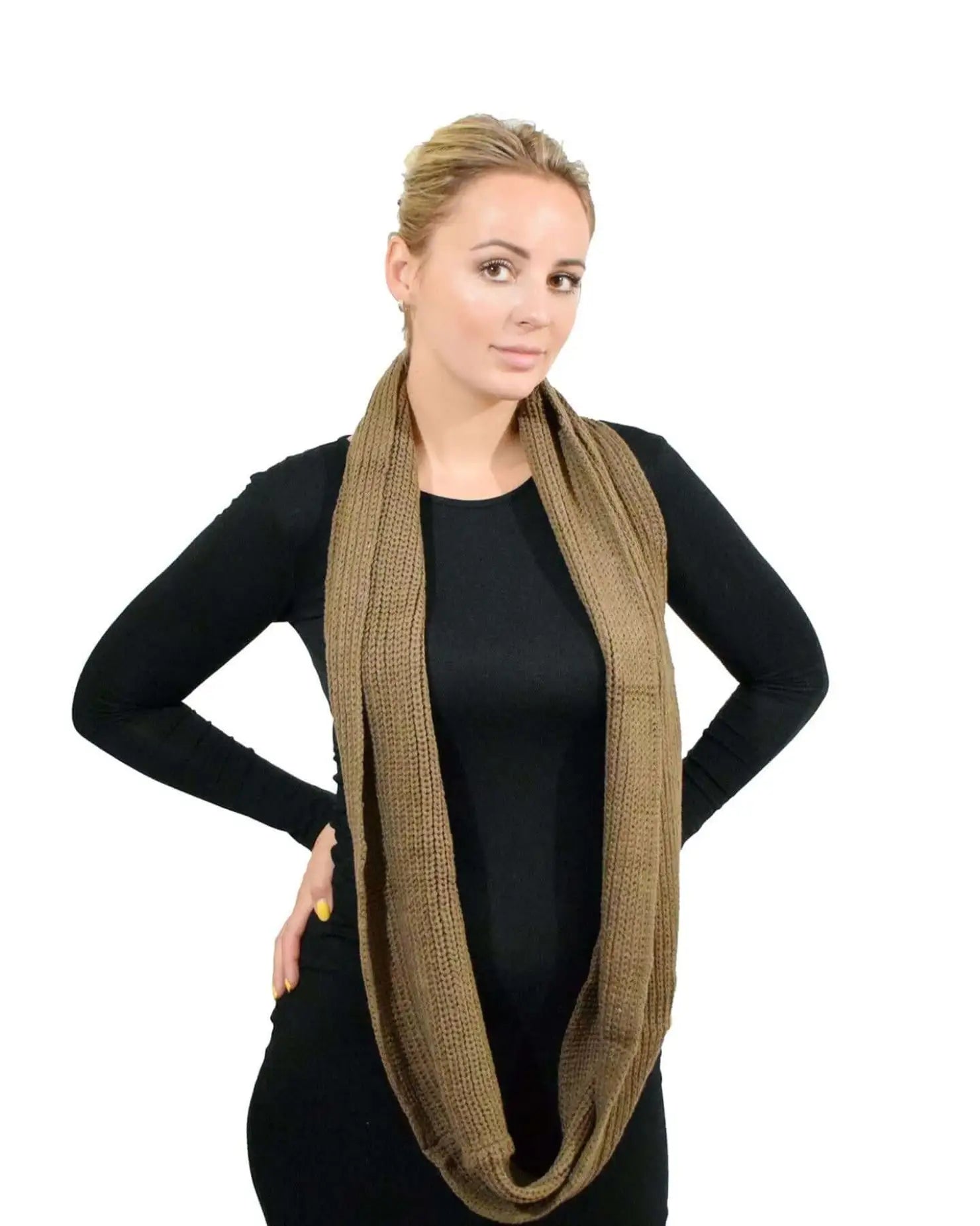 Woman wearing a warm plain knitted snood