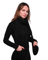Winter Chunky Knitted Scarf with Pockets - Woman in black sweater and scarf