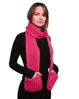Woman wearing pink knitted scarf and black sweater for Winter Chunky Knitted Scarf with Pockets.
