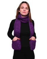 Woman wearing a purple scarf with pockets in Winter Chunky Knitted Scarf style