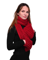Winter chunky knitted scarf woman wearing red scarf.