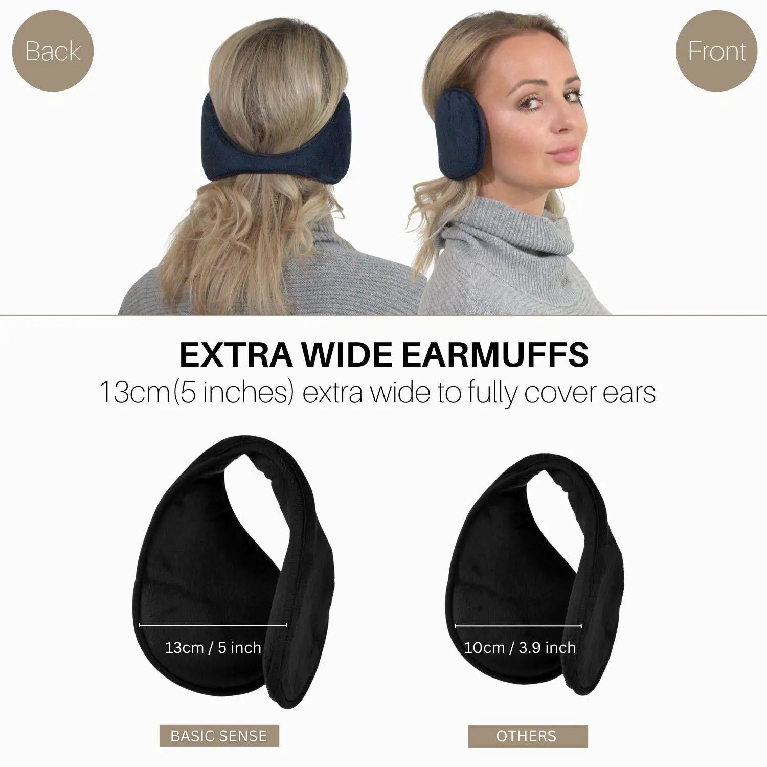 Extra wide earmuffs for full ear coverage, perfect with a snood or plain scarf