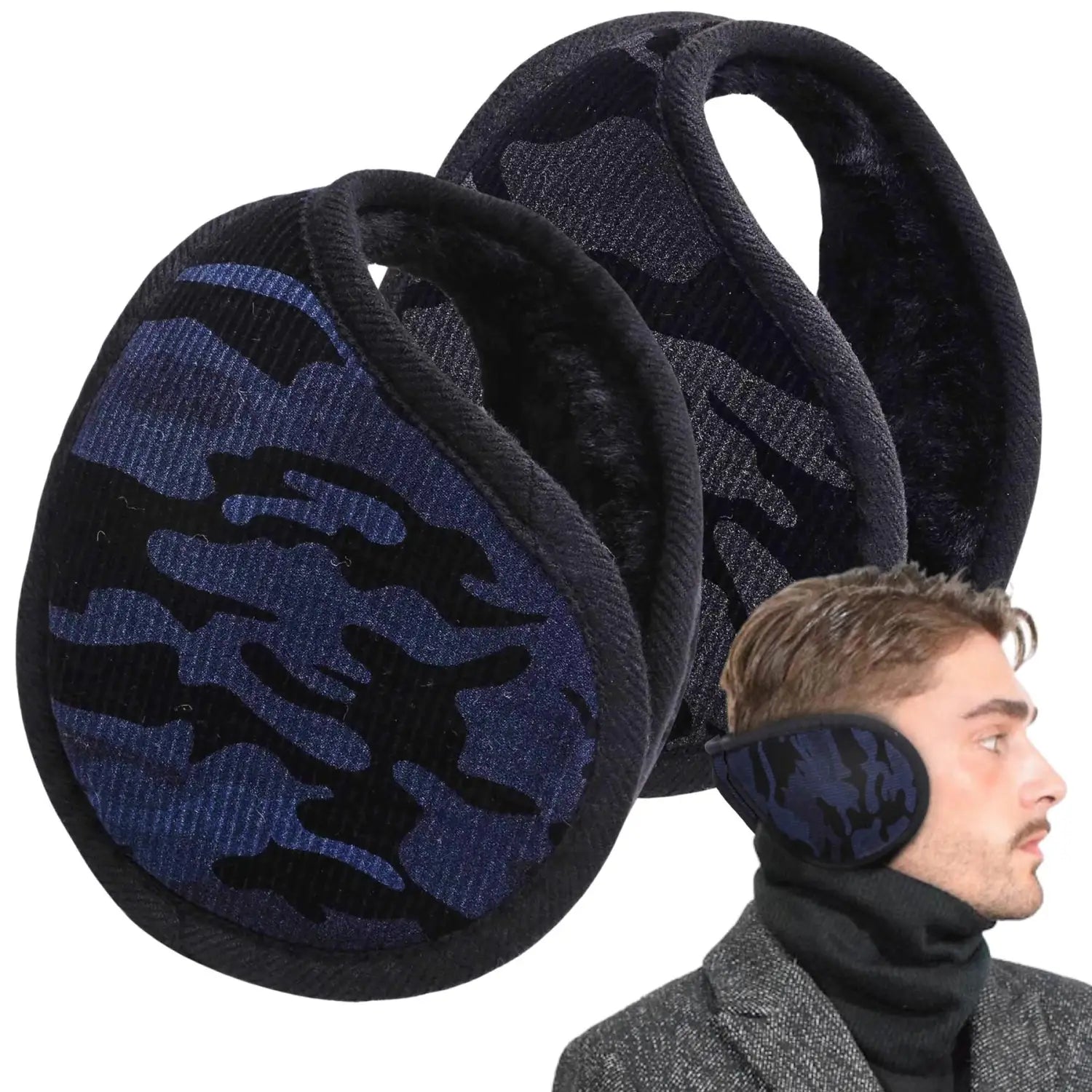 Winter Earmuffs in blue and black camouflage pattern, a stylish alternative to basic sense snood