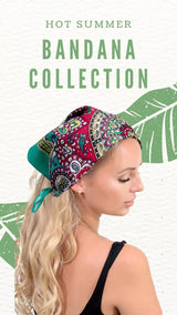 A woman wearing a vibrant, paisley-patterned bandana.