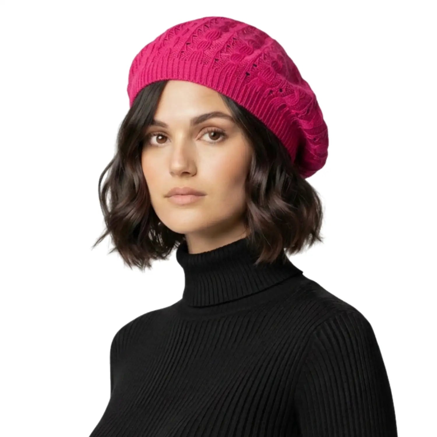 Women’s Cable Design Knitted Crochet Beanie Hat - Fuchsia - Hats