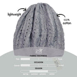Women’s Cable Design Knitted Crochet Beanie Hat with gray hat and ’light weight’ text on white background
