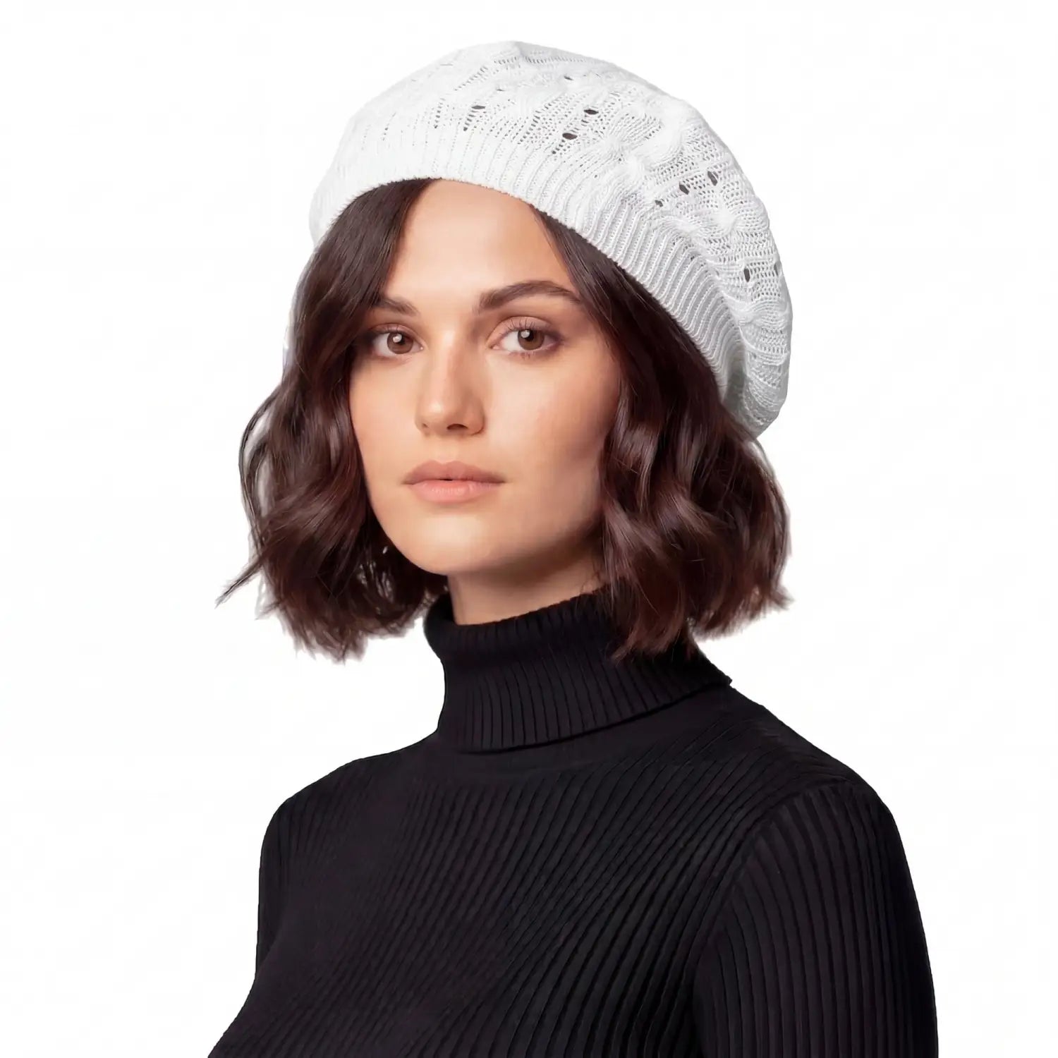 Women’s Cable Design Knitted Crochet Beanie Hat - White - Hats