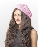 Woman wearing pink hat, Women’s Leaf Design Knitted Crochet Beanie Hat.