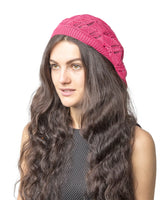 Woman wearing pink knit hat from Women’s Leaf Design Knitted Crochet Beanie Hat.