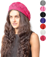 Woman wearing pink leaf design knit hat