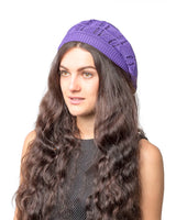 Woman wearing purple hat with black top, Women’s Leaf Design Knitted Crochet Beanie Hat