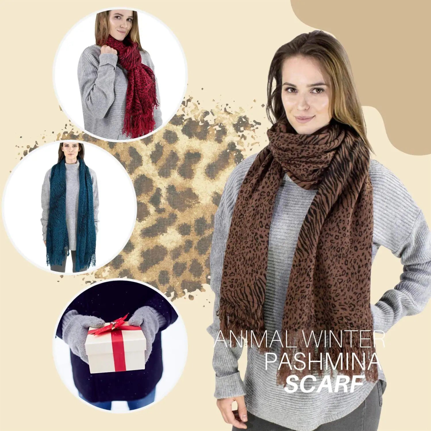 Woman wearing Women’s Leopard & Zebra Print Winter Scarf