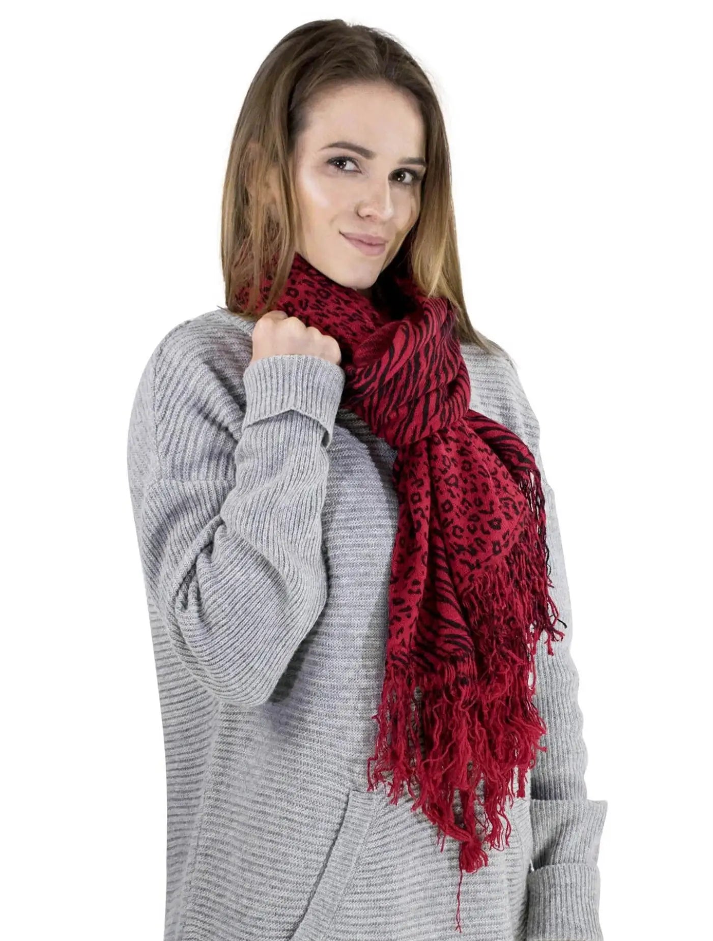 Woman wearing red scarf paired with Women’s Leopard & Zebra Print Winter Scarf