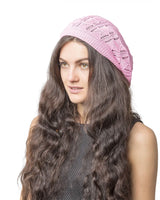 Woman with long brown hair wearing pink hat - Women’s Triangle Design Knitted Crochet Beanie Hat